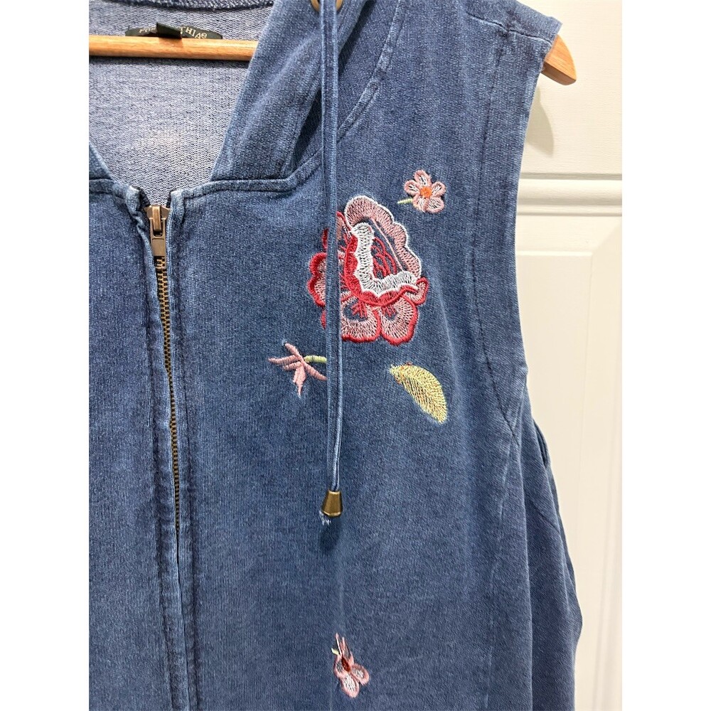For Cynthia Vest Womens 2XL Blue Hooded Sleeveless Full Zip Floral Tunic - Picture 2 of 8